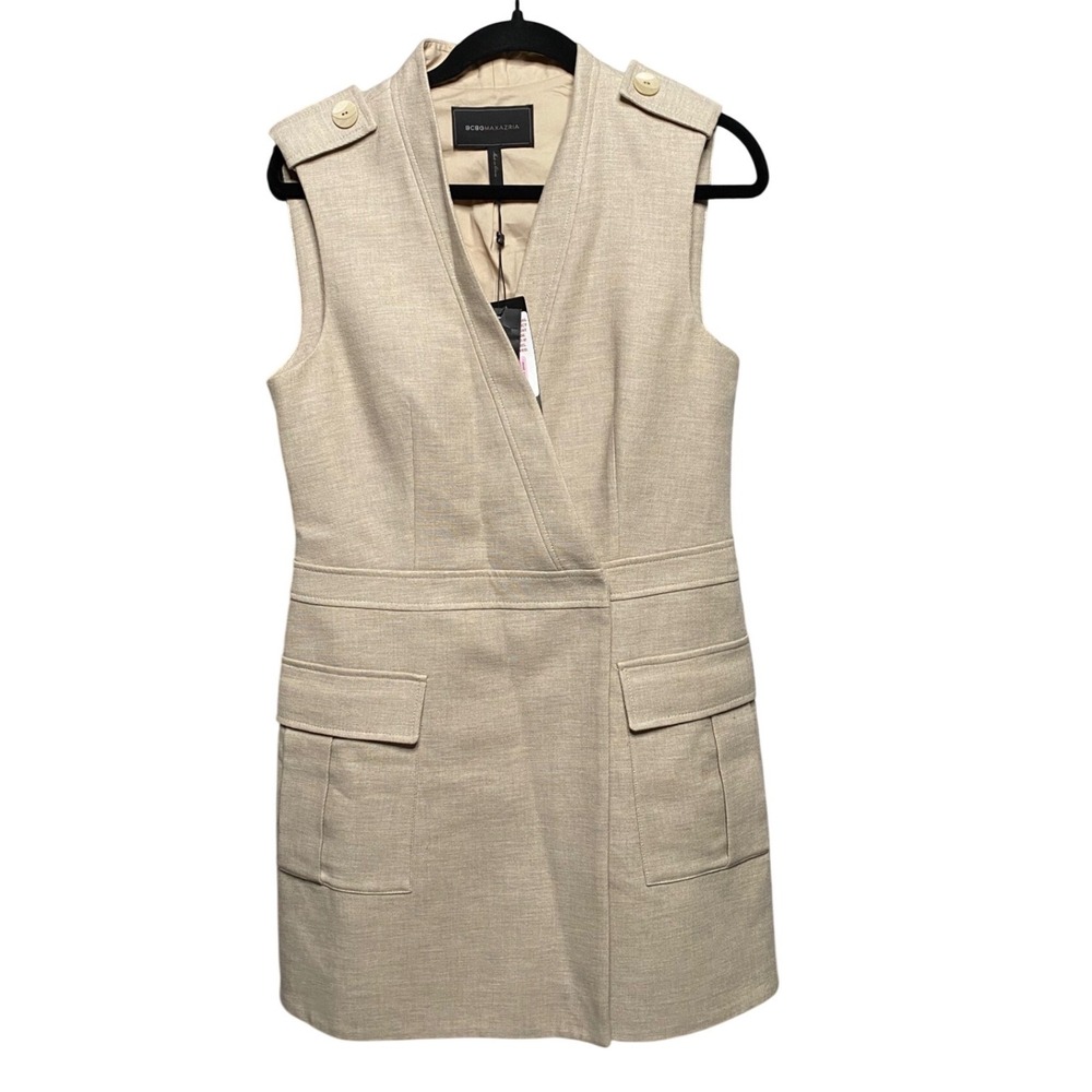 BCBGMAXAZRIA Justin Dune Beige Cotton Wrap Utility‎ Mini Dress Size Small NWT